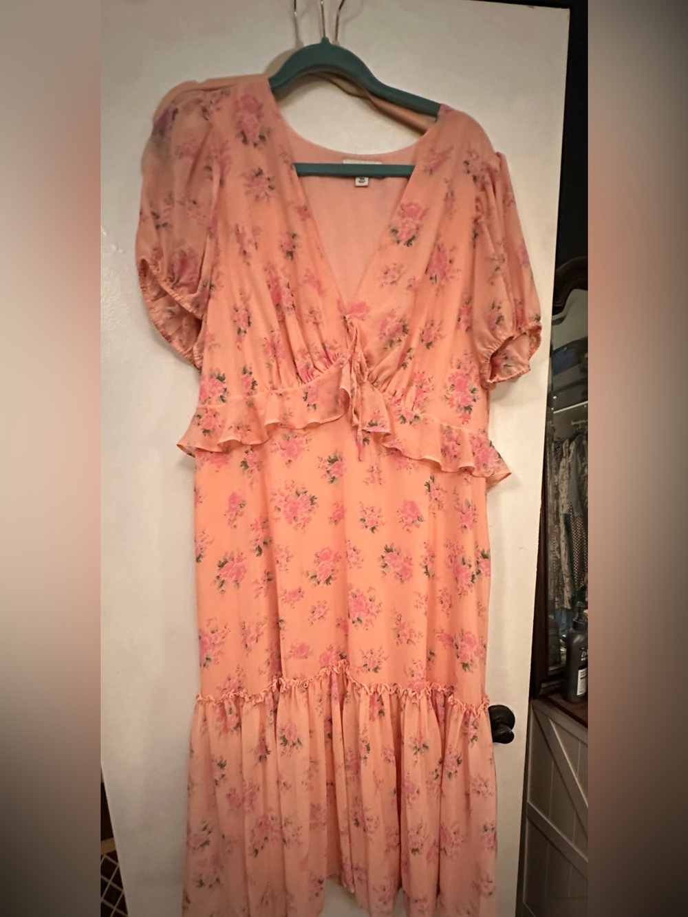 LoveShackFancy Peach Floral Ruffle Midi Dress